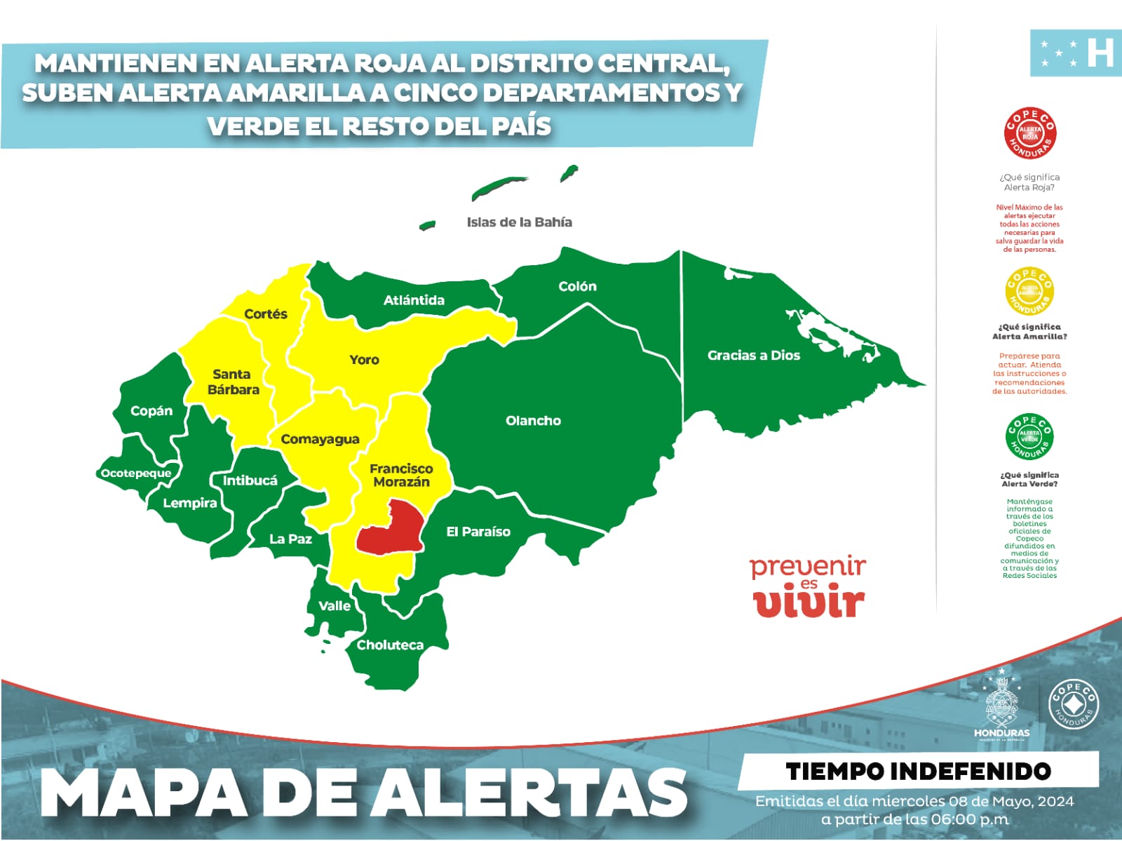Mantienen en alerta roja al Distrito Central, alerta amarilla a cinco departamentos más y verde el resto del país