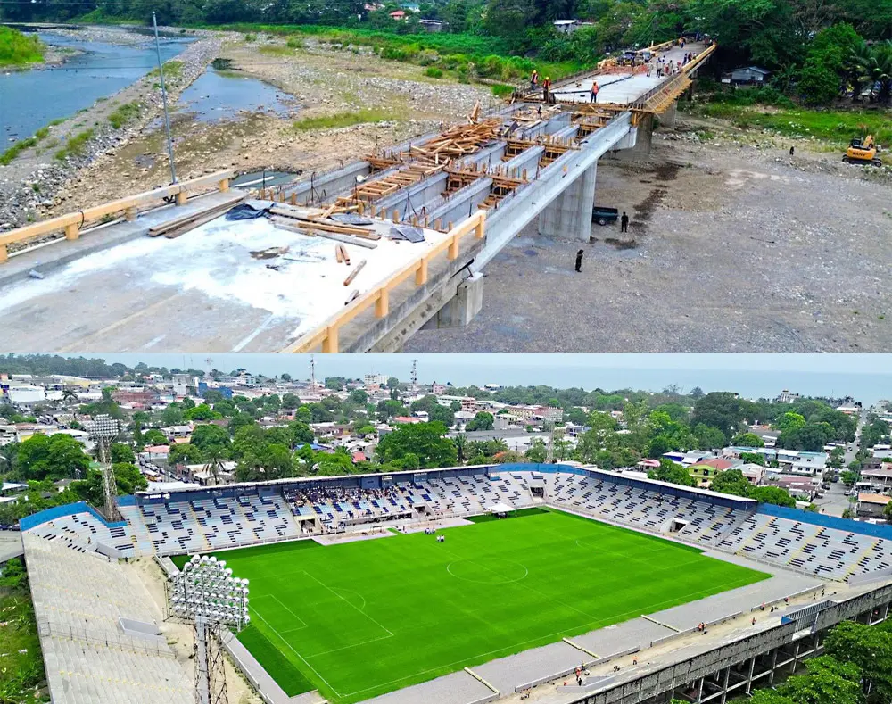 Presidenta Castro supervisa avances del estadio Ceibeño y el Puente Saopín