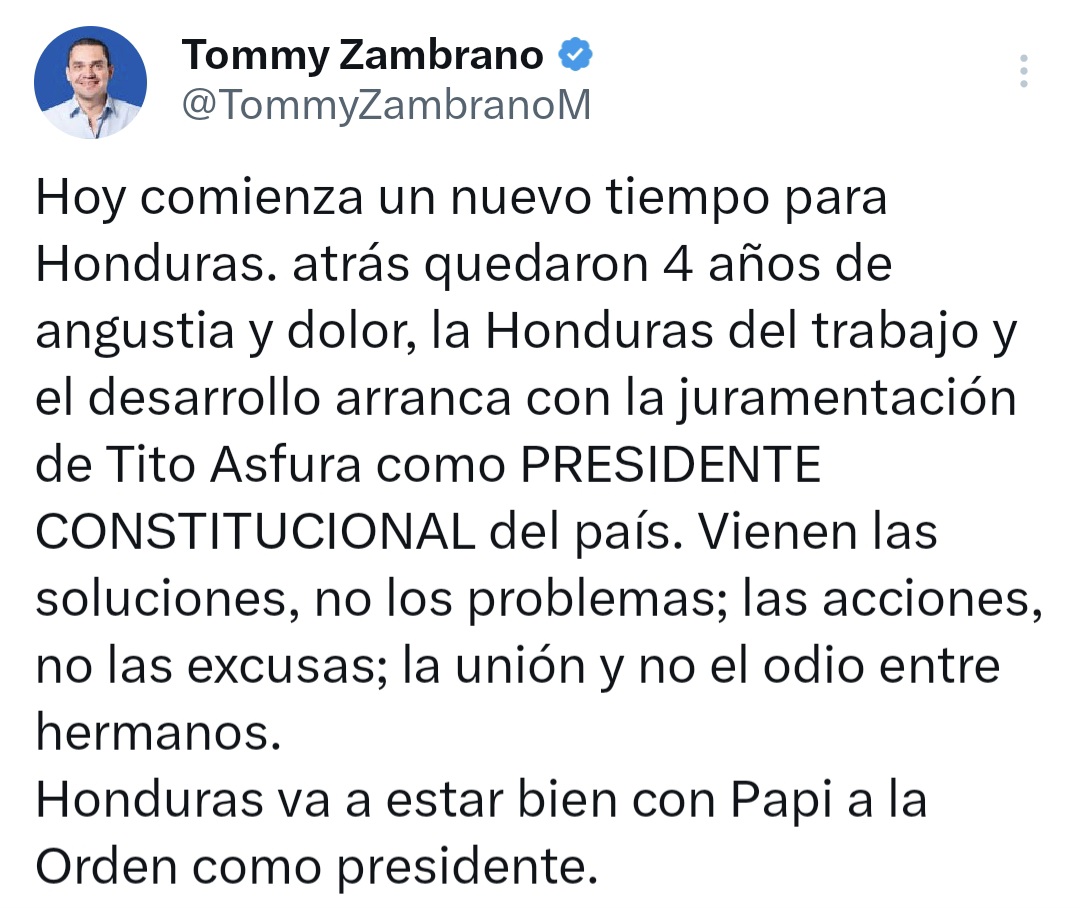 Tomás Zambrano asegura que inicia una nueva etapa para Honduras con la juramentación de Asfura