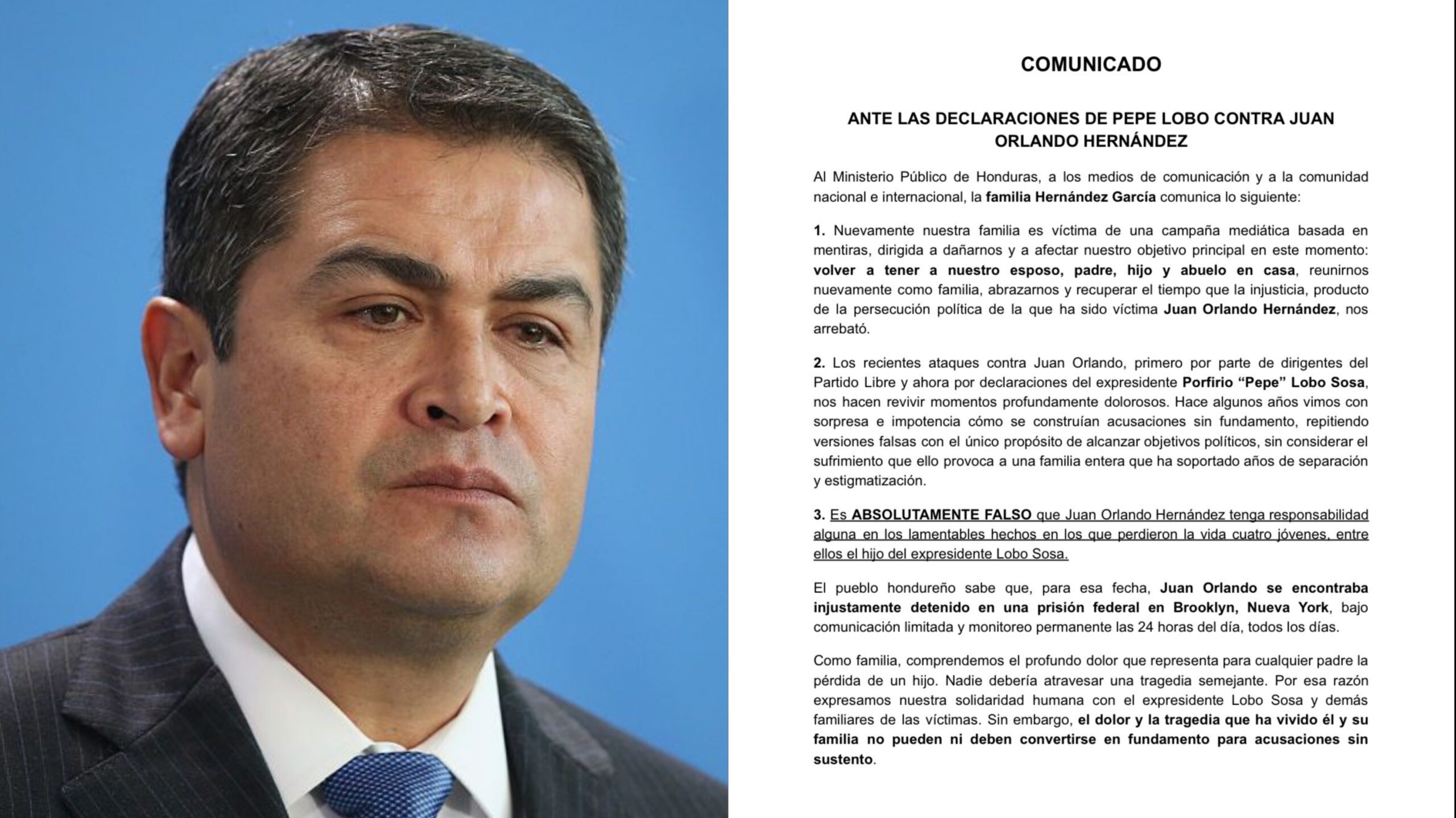 Familia de Juan Orlando Hernández rechaza acusaciones de “Pepe” Lobo y pide investigación al Ministerio Público