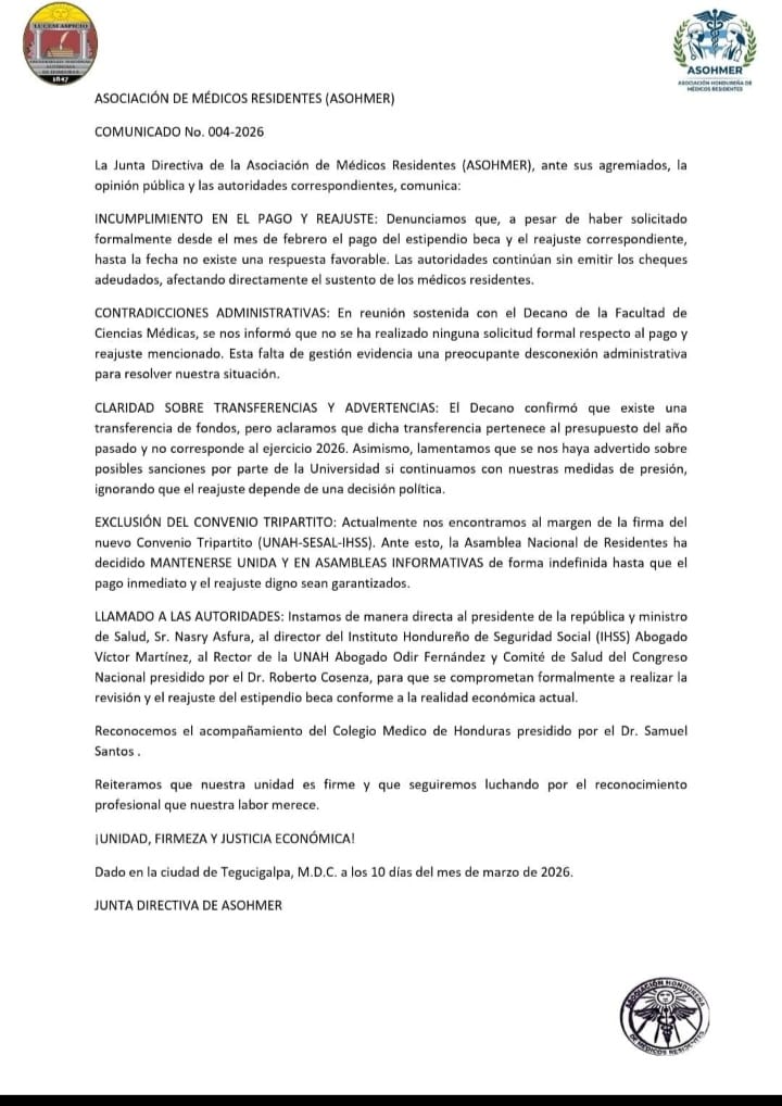 Médicos residentes denuncian incumplimiento en pago de estipendios y anuncian asambleas informativas indefinidas